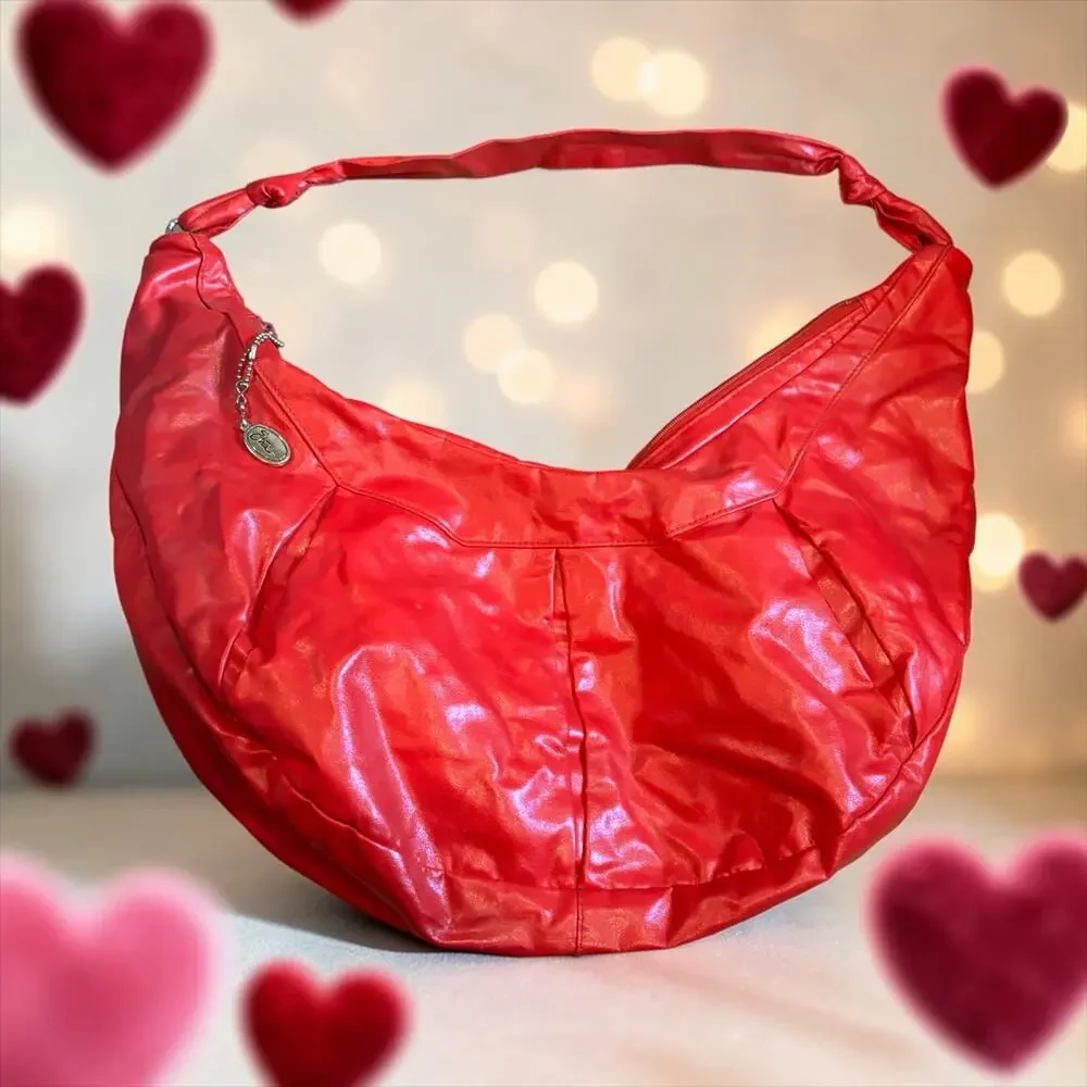 Vintage Red Slouchy Hobo Bag Cherry Faux Leather Boho Oversized Shoulder Purse
